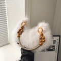 White faux fur hobo bag with a decorative wooden bead handle and braided strap - White Without Pendant