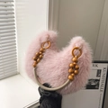 Plush heart-shaped shoulder bag in soft pink with decorative wooden bead handle - Pink Without Pendant