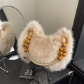 Chic beige faux fur half-moon handbag with unique yellow wooden bead handle strap - Apricot No Pendant