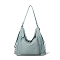 Détail du sac cabas en nylon vert clair avec design multi-poches et bretelles réglables - Bleu
