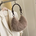 Brown faux fur plush underarm handbag with vintage wooden bead and woven shoulder strap - Khaki No Pendant