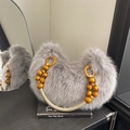 Chic grey faux fur crescent handbag with unique wooden bead and rope shoulder strap - Grey Without Pendant