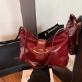 Retro burgundy oil wax leather tote bag with elegant gold metal trim and long strap - Burgundy