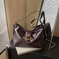 Vintage large capacity tote bag in dark brown oil-wax leather with gold hardware - Brown