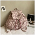 Detail of leopard print canvas backpack with woven drawstrings and front pockets - Pink