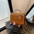 Quilted caramel crossbody box bag with metallic chain handle and textured leather finish - Brown