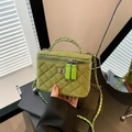 Quilted grass green crossbody bag with silver chain strap and velvet-like finish - Green