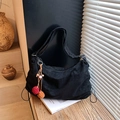 Retro black faux suede tote bag with orange pompom charm and large capacity - With Charm / Black