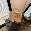 Quilted khaki suede box bag with gold chain strap and metal swivel lock for women - Khaki
