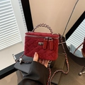 Quilted velvet burgundy vanity case bag with silver chain strap and top handle - Burgundy