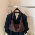 Deep brown corduroy hobo bag in large capacity with crescent shape and wide shoulder strap - No Pendant / Brown