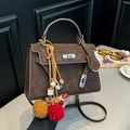 Deep brown matte trapezoid handbag with silver twist lock and colorful plush charm - Coffee with Pendant