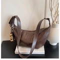 Dark brown crescent shoulder bag in oil wax faux leather with retro beaded tassel detail - Coffee with Pendant