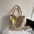 Beige corduroy tote bag with embroidered dachshund and a yellow flower charm accessory - With Charm Style / Khaki with Pendant