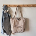 Beige corduroy tote bag with dachshund embroidery and stylish artistic lettering - Khaki (No Pendant)