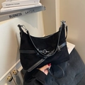 Retro black matte suede underarm bag with silver hardware and functional strap - Black