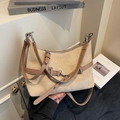 Beige suede shoulder bag with brown leather accents and silver metallic buckle - Khaki