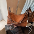 Brown suede crescent bag with smooth leather trim and silver hardware shoulder strap - Brown