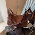 Vintage brown suede shoulder bag for women with dual leather straps and silver hardware - Coffee