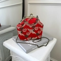 Red silk crossbody bag with crane embroidery and vintage bronze metal clasp - Red