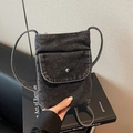 Minimalist dark grey washed denim phone crossbody bag with vintage metallic buckle design - Style 1 / Black
