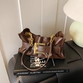 Dark brown pleated shoulder bag with large golden square buckle and chain strap detail - Brown