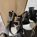 Chic black pleated underarm bag with gold oversized buckle and metallic chain strap - Black