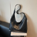 Black large capacity leather hobo bag with vertical stitching and adjustable strap - Black