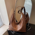 Brown vintage faux leather tote bag with vertical stitch detail and adjustable strap - Brown