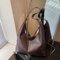 Dark brown large capacity faux leather tote bag with minimalist design and adjustable strap - Brown