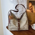 Retro khaki canvas tote bag with brown leather straps and cute bear keychain - Denim Beige (With Pendant)