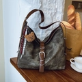 Vintage olive green large tote bag in canvas with brown leather straps and bear charm - Denim Black (With Pendant)