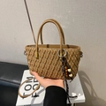 Bolso de cubo tejido marrón retro para mujer con colgante y asas dobles de mano - Caqui