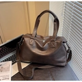 Large dark brown travel tote in retro PU leather with adjustable shoulder strap - Coffee