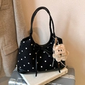 Retro black polka dot tote bag with a bow detail and cute brown plush bear charm - With Charm / Black