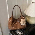 Brown polka dot tote bag with leather bow decoration and cute plush puppy charm - With Charm / Brown