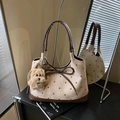 Vintage beige polka dot tote bag with brown leather handles and plush puppy charm - With Charm / Khaki