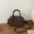 Brown oval crossbody bag in faux suede with silver hardware and adjustable strap - No Pendant / Brown