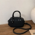 Minimalist black lychee leather boston bag with silver hardware for women - No Pendant / Black