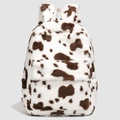 Detailed view of the soft cow print plush backpack with secure zipper and webbing straps - Beige and Brown