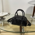 Black pebbled leather Boston bag with white contrast stitching and gold hardware - Black