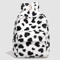 Close-up of fuzzy heart-pattern plush backpack with metal zipper and soft cow print texture - White and Black Splicing