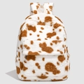 Close-up of soft cow print plush backpack featuring fuzzy texture and sturdy zipper detail - White and Orange