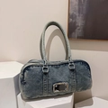 Borsa a mano Boston in denim lavato retrò con manico robusto e placca metallica - Blu scuro