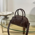 Dark brown lychee grain leather bowling bag with white stitching and top handles - Chocolate