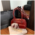 Retro burgundy patent leather shoulder bag with lace pearl charm and front pockets - Burgundy PU Leather (With Charm)