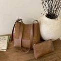 Vintage καφέ δερμάτινη τσάντα tote με ασορτί εσωτερικό τσαντάκι σε σετ 2 τεμαχίων - Τσάντα Tote Και Πορτοφόλι / Καφέ