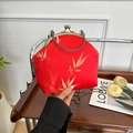 Red oriental style shell bag with golden bamboo jacquard and metal chain strap - Red