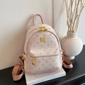 Chic pink embossed PU leather backpack with vintage floral pattern and gold hardware - Pink Large