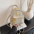 Mini beige faux leather backpack with embossed monogram and gold metal hardware detailing - Vanilla Gray Small